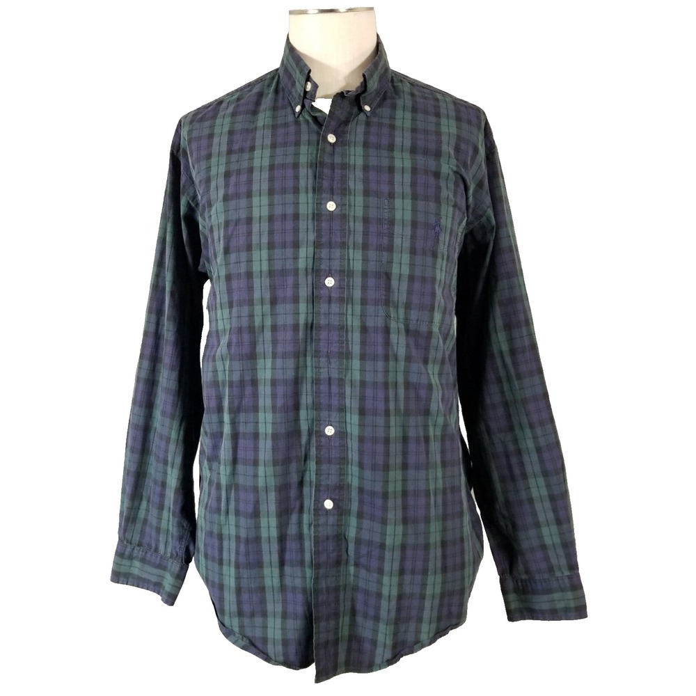 Ralph Lauren shirt men's 16 Yarmouth Tartan plaid blue green long sleeve cotton